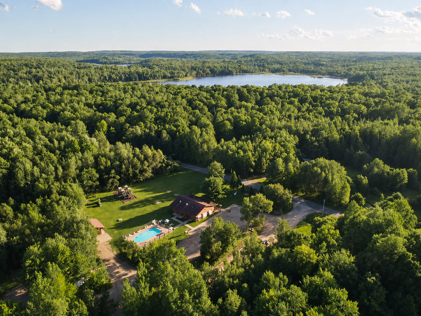 Aerial view of Heaven’s Up North Campground and the surrounding Northwoods