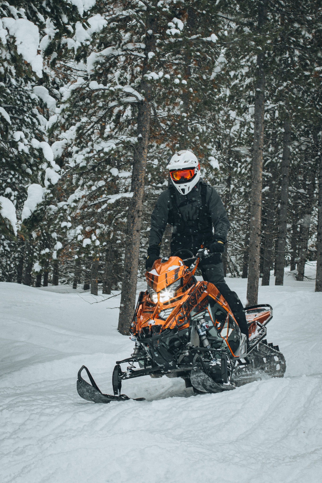 A snowmobile rider on a snow-covered Northwoods trail near Lakewood, Wisconsin